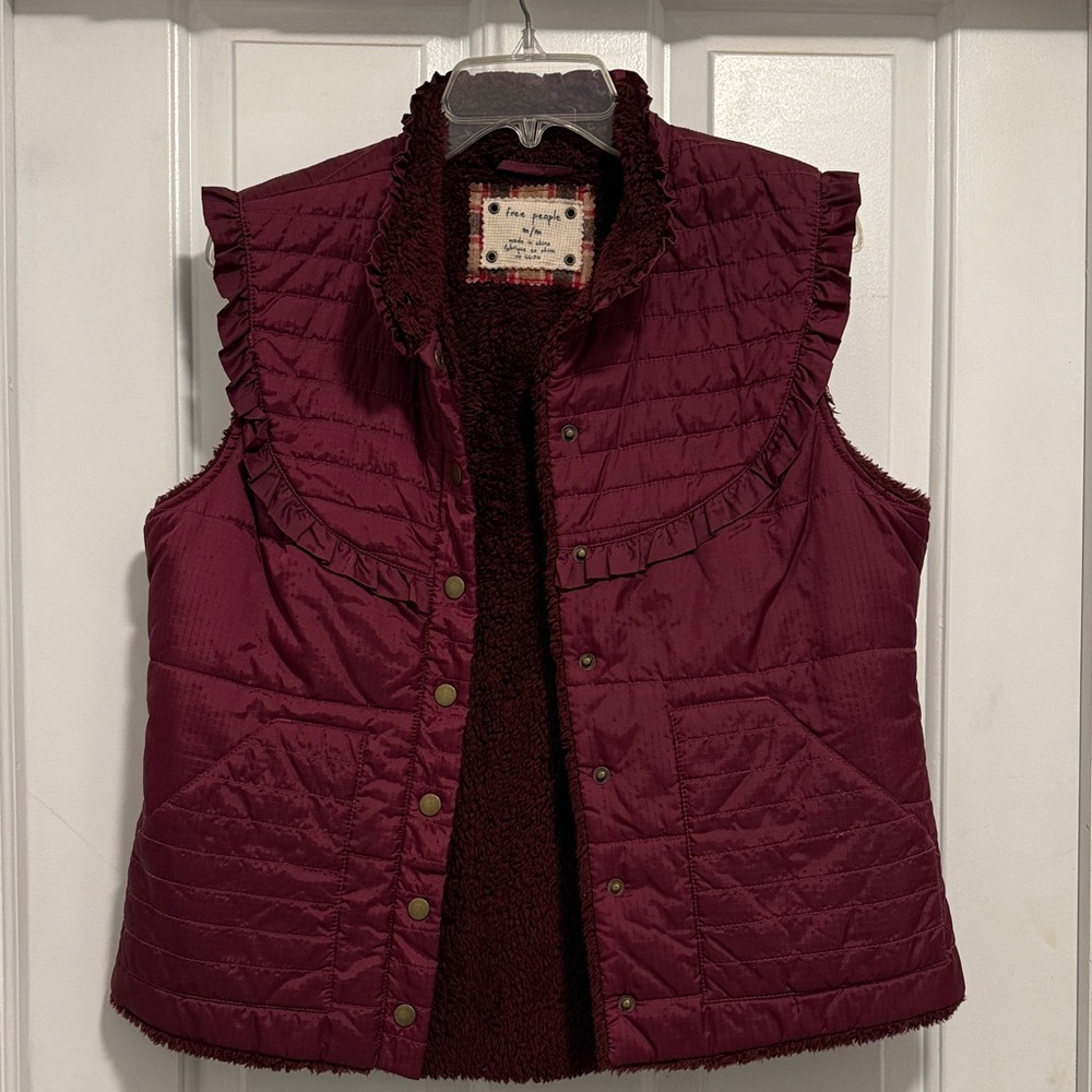 Free People Maroon Quilted Vest with Ruffle Detail